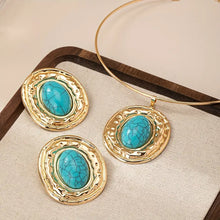 Load image into Gallery viewer, Fashion Vintage-Inspired Blue Turquoise Geometric Oval Pendant Necklace &amp; Earrings Set for Women, An Imitation from Persian Queens Jewelries.