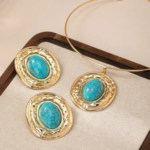 Fashion Vintage-Inspired Blue Turquoise Geometric Oval Pendant Necklace & Earrings Set for Women, An Imitation from Persian Queens Jewelries.