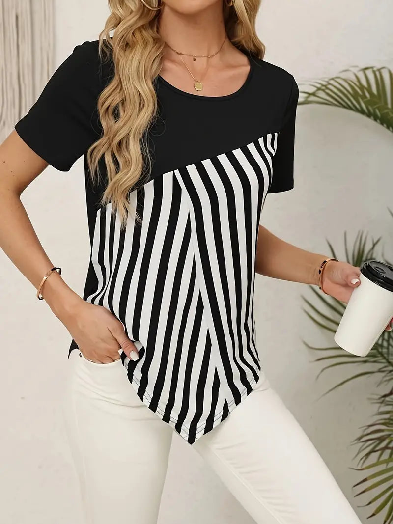 Stripe Print Crew Neck T-Shirt, Casual Short Sleeve Asymmetric Hem Top For Spring & Summer -Size: M