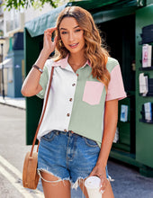 Load image into Gallery viewer, Womens Button Down Shirts Color Block Short Sleeve Cotton Linen Summer Causal Blouses Tops