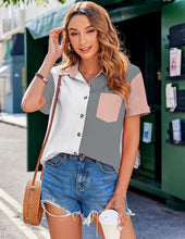 Load image into Gallery viewer, Womens Button Down Shirts Color Block Short Sleeve Cotton Linen Summer Causal Blouses Tops