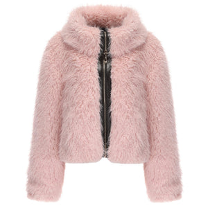 FYYIYI Women Faux Fur Jacket Zip Up Large Turn-Down Collar for Short Jackets Fall and Winter Warm Fluffy Cardigan Coat