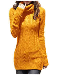 Women Polo Neck Long Slim Fitted Dress Bodycon Turtleneck Cable Knit Sweater