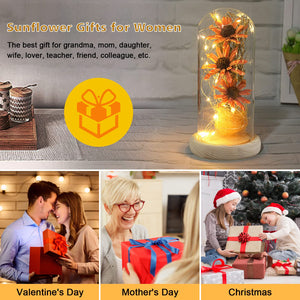 Sunflower Gifts for Women, Sunflowers Artificial Flowers in Glass Dome with LED Strip (Yellow)