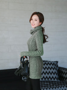 Women Polo Neck Long Slim Fitted Dress Bodycon Turtleneck Cable Knit Sweater