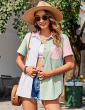 Load image into Gallery viewer, Womens Button Down Shirts Color Block Short Sleeve Cotton Linen Summer Causal Blouses Tops