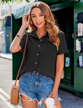 Load image into Gallery viewer, Womens Button Down Shirts Color Block Short Sleeve Cotton Linen Summer Causal Blouses Tops