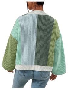 Women's Color Block Open Front Long Sleeve Ribbed Knit Cropped Cardigan Sweaters