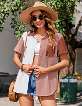 Load image into Gallery viewer, Womens Button Down Shirts Color Block Short Sleeve Cotton Linen Summer Causal Blouses Tops