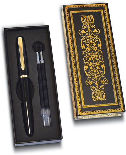 Executive Rollerball Gel Ink Pen Set in Gift Box, Black Gloss Classic Business Pen with Removable Cap, Gold Accents