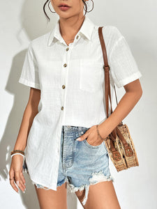 Womens Button Down Shirts Color Block Short Sleeve Cotton Linen Summer Causal Blouses Tops