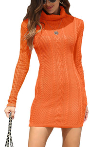 Women Polo Neck Long Slim Fitted Dress Bodycon Turtleneck Cable Knit Sweater