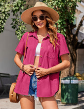 Load image into Gallery viewer, Womens Button Down Shirts Color Block Short Sleeve Cotton Linen Summer Causal Blouses Tops