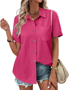 Womens Button Down Shirts Color Block Short Sleeve Cotton Linen Summer Causal Blouses Tops