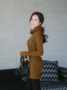 Women Polo Neck Long Slim Fitted Dress Bodycon Turtleneck Cable Knit Sweater