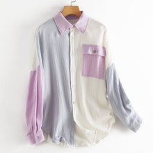 Load image into Gallery viewer, Women&#39;s Color Block Long Sleeve Button Down Boyfriend Shirt Blouses