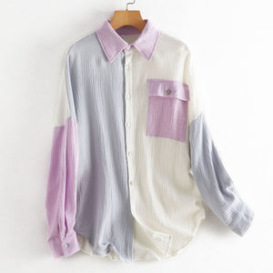 Women's Color Block Long Sleeve Button Down Boyfriend Shirt Blouses