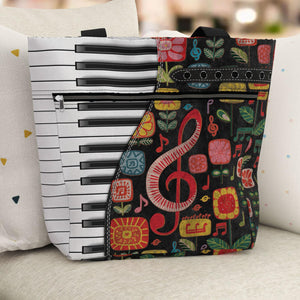 84hoods Tote Bag for Women. Large Shoulder Bag with Pockets and Zipper for Work. Gift for Piano Players, Music Lovers.