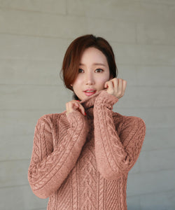 Women Polo Neck Long Slim Fitted Dress Bodycon Turtleneck Cable Knit Sweater