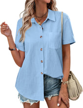 Load image into Gallery viewer, Womens Button Down Shirts Color Block Short Sleeve Cotton Linen Summer Causal Blouses Tops