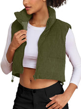 Load image into Gallery viewer, Women&#39;s Corduroy Cropped Puffer Vest with Pockets, High Stand Collar Outerwear Lightweight Warm Sleeveless Jacket