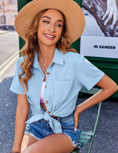 Load image into Gallery viewer, Womens Button Down Shirts Color Block Short Sleeve Cotton Linen Summer Causal Blouses Tops