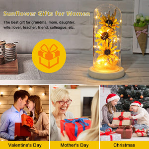 Sunflower Gifts for Women, Sunflowers Artificial Flowers in Glass Dome with LED Strip (Yellow)