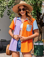 Load image into Gallery viewer, Womens Button Down Shirts Color Block Short Sleeve Cotton Linen Summer Causal Blouses Tops