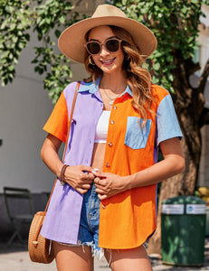 Womens Button Down Shirts Color Block Short Sleeve Cotton Linen Summer Causal Blouses Tops