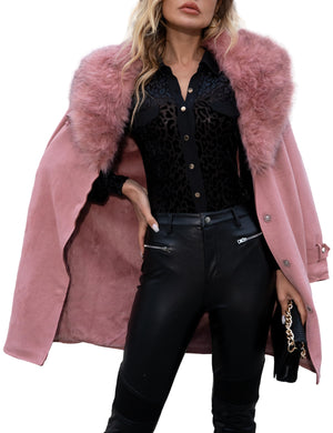 Women Faux Suede Leather Jacket Fall and Winter Fashion Trench Long Cardigan Belted Coat with Detachable Fur Collar