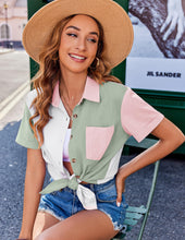 Load image into Gallery viewer, Womens Button Down Shirts Color Block Short Sleeve Cotton Linen Summer Causal Blouses Tops