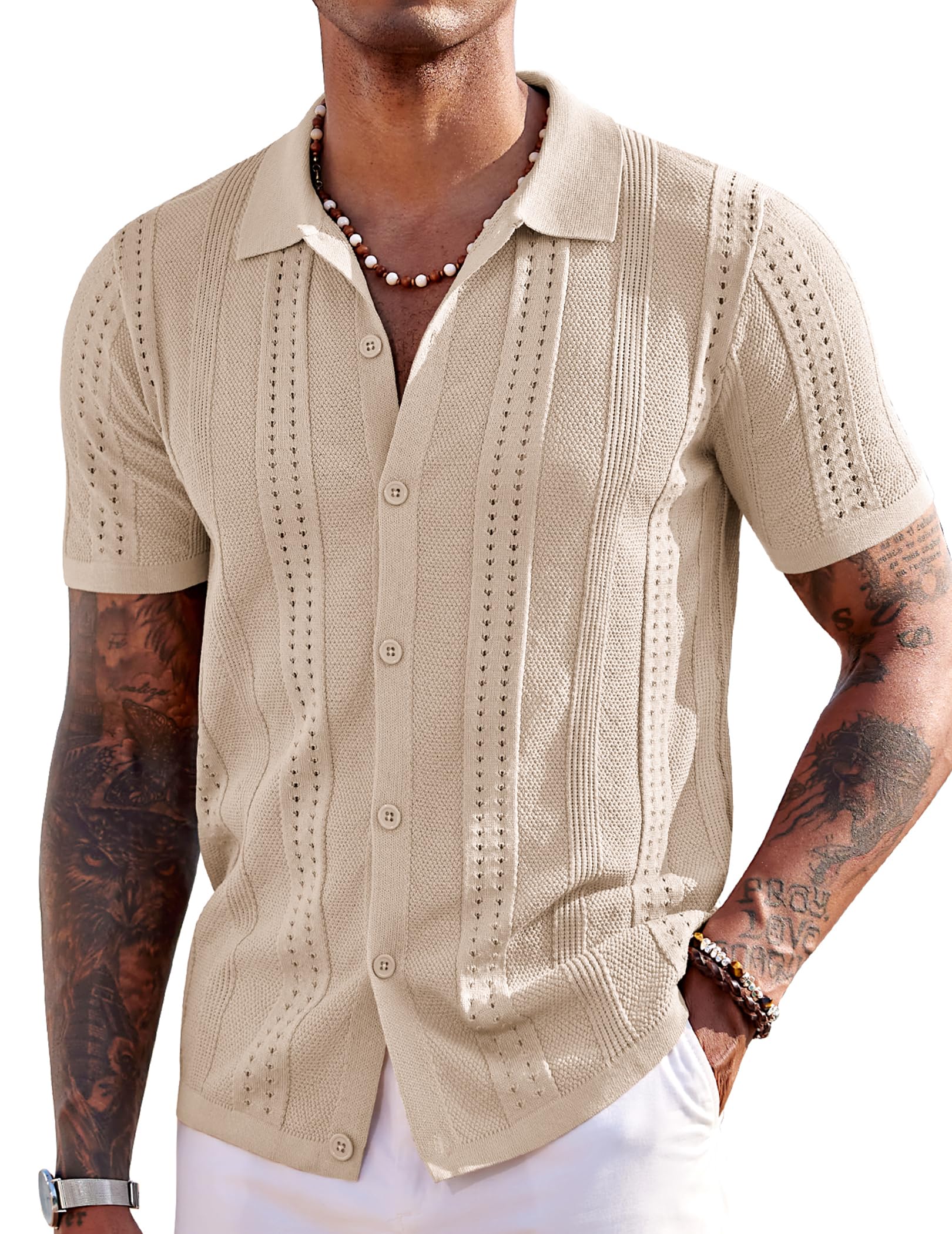 Men's Knit Shirts Short Sleeve Button Down Polo Shirt Fashion Casual Summer Beach Shirts