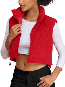 Women's Corduroy Cropped Puffer Vest with Pockets, High Stand Collar Outerwear Lightweight Warm Sleeveless Jacket