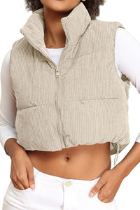 Women's Corduroy Cropped Puffer Vest with Pockets, High Stand Collar Outerwear Lightweight Warm Sleeveless Jacket