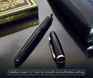 Executive Rollerball Gel Ink Pen Set in Gift Box, Black Gloss Classic Business Pen with Removable Cap, Gold Accents