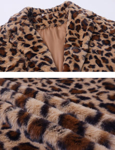 Omoone Women's Faux Fur Jackets Autumn Winter Leopard Coats Loose Fur Coat with Pockets