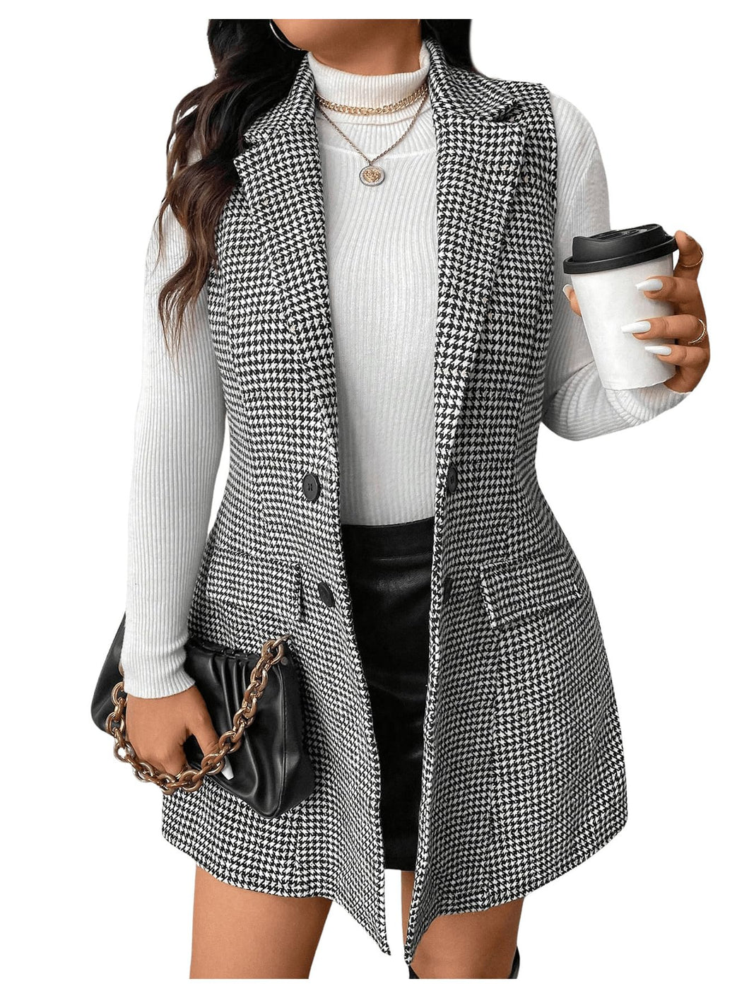 Women's Plus Size Tweed Coat Houndstooth Print Lapel Neck Single Breasted Vest Outerwear