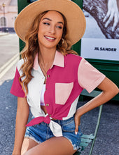 Load image into Gallery viewer, Womens Button Down Shirts Color Block Short Sleeve Cotton Linen Summer Causal Blouses Tops