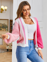 Load image into Gallery viewer, Women&#39;s Color Block Open Front Long Sleeve Ribbed Knit Cropped Cardigan Sweaters