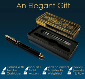 Executive Rollerball Gel Ink Pen Set in Gift Box, Black Gloss Classic Business Pen with Removable Cap, Gold Accents