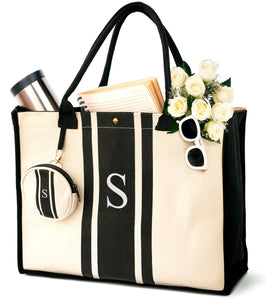 LEAFICO Initial Canvas Tote Bag - Embroidered Letter Bag, Cotton Rush Bag, Monogrammed Women’s Handbag Small Make Up Pouch.