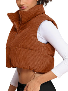 Women's Corduroy Cropped Puffer Vest with Pockets, High Stand Collar Outerwear Lightweight Warm Sleeveless Jacket