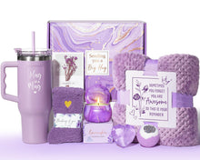 Load image into Gallery viewer, Self Care Gifts Get Well Soon Gifts, Lavender Relaxing Spa Gift Basket Care Package w/ Flannel Blanket 40 OZ Tumbler