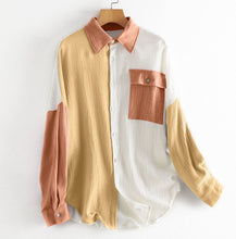 Load image into Gallery viewer, Women&#39;s Color Block Long Sleeve Button Down Boyfriend Shirt Blouses