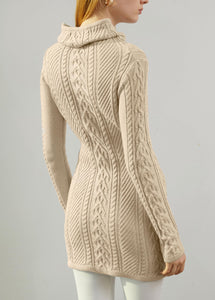 Women Polo Neck Long Slim Fitted Dress Bodycon Turtleneck Cable Knit Sweater