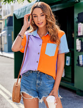 Load image into Gallery viewer, Womens Button Down Shirts Color Block Short Sleeve Cotton Linen Summer Causal Blouses Tops