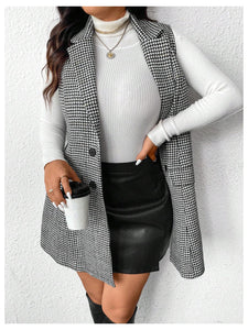 Women's Plus Size Tweed Coat Houndstooth Print Lapel Neck Single Breasted Vest Outerwear