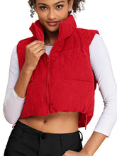 Load image into Gallery viewer, Women&#39;s Corduroy Cropped Puffer Vest with Pockets, High Stand Collar Outerwear Lightweight Warm Sleeveless Jacket