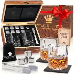 Whiskey Set, Whiskey Glasses, Stainless Chilling Stones, Coasters, Tongs - Whiskey Stones Gift Set for Men