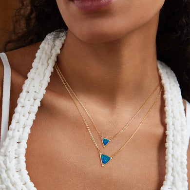 Gold Pendant Necklaces for Women, 14K Gold Plated Synthetics Blue Opal Necklace Created October’s Birthstone Charm Simple Triangle Pendant Necklaces Gold Jewelry for Women Trendy